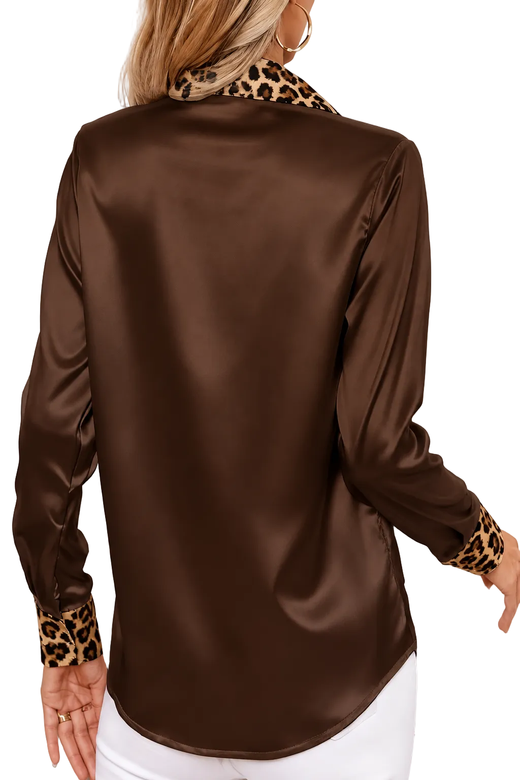 Satin Leopard Print Collar Button-Up Blouse Contrast Cuff Long Sleeve Shirt
