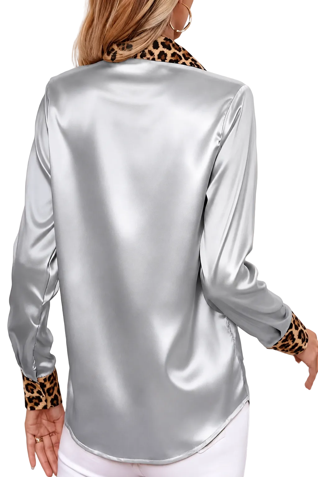 Satin Leopard Print Collar Button-Up Blouse Contrast Cuff Long Sleeve Shirt