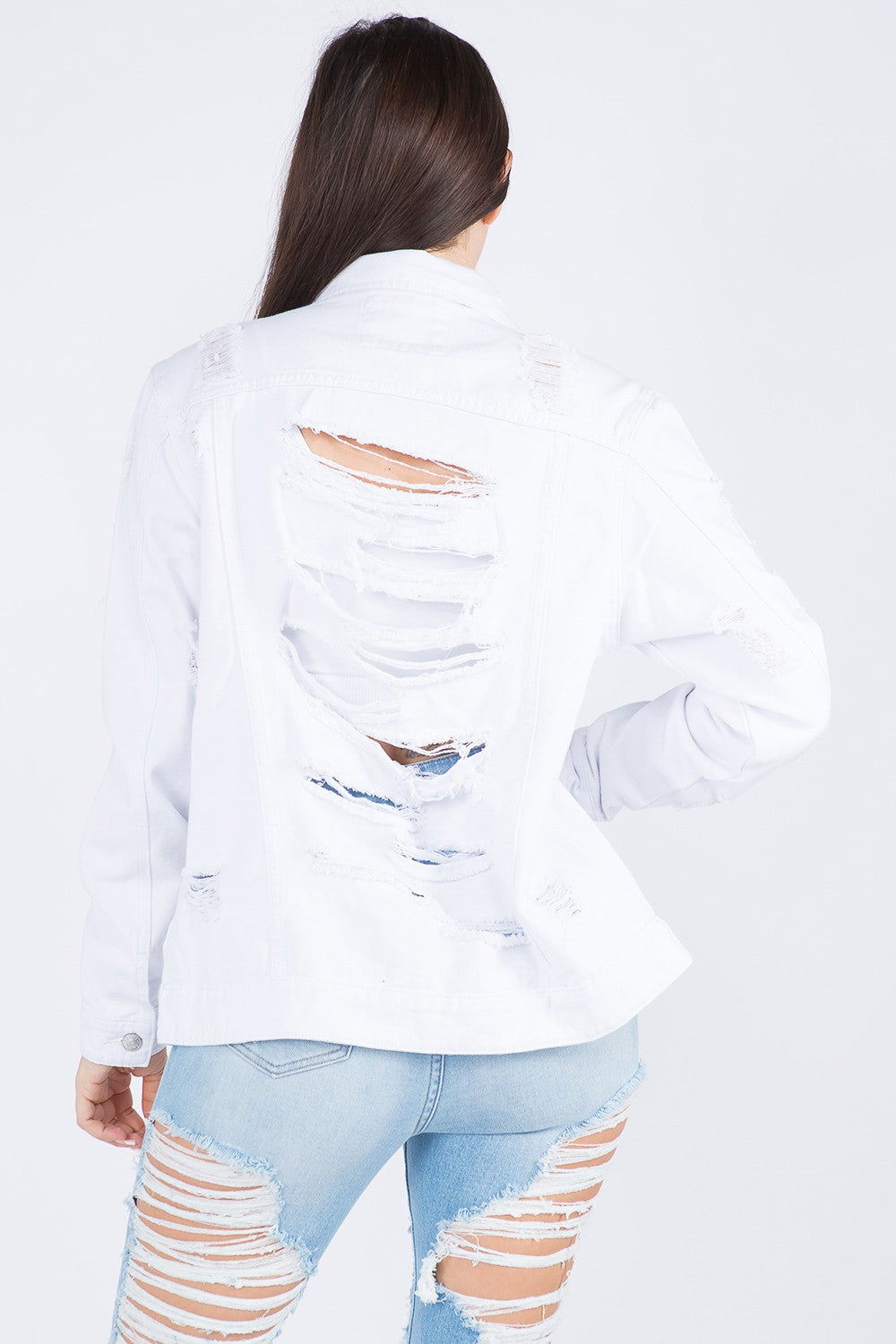 American Bazi Torn Distressed Hole Cotton Denim Button-Up White Jean Jacket