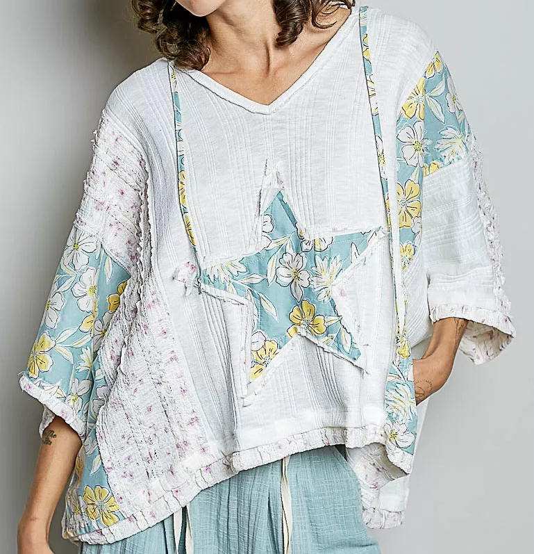 POL Star Oversized Floral Lace Patchwork Hoodie Blouse Raw Seam Retro Boxy Top Off-white Pullover Shirt
