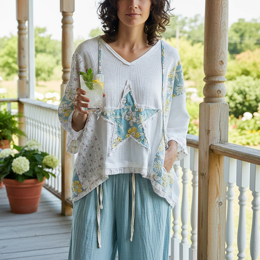 POL Star Oversized Floral Lace Patchwork Hoodie Blouse Raw Seam Retro Boxy Top Off-white Pullover Shirt