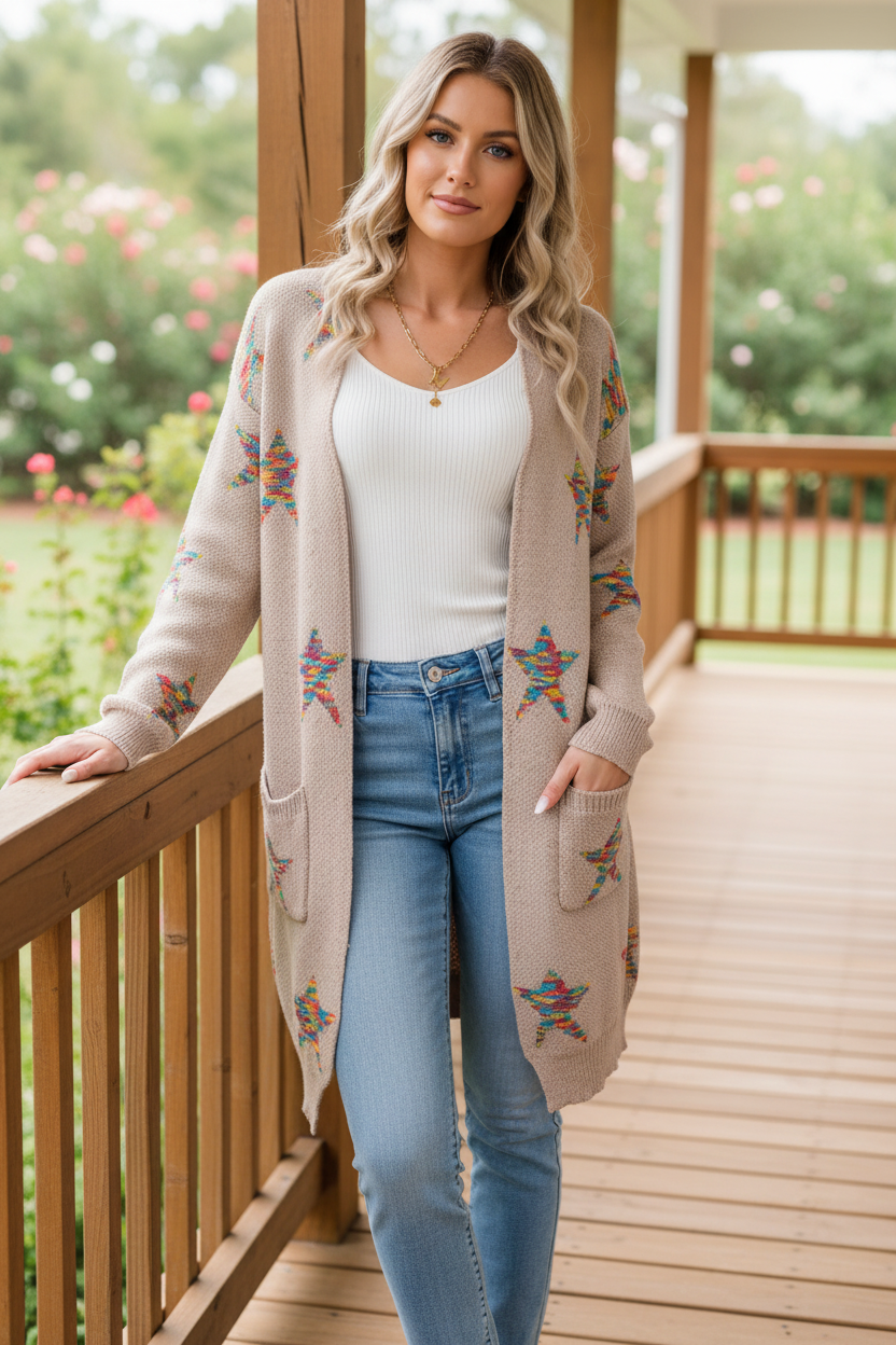 Colorful Star Intarsia Open Front Longline Knit Granny Knit Patch Pocket Cardigan
