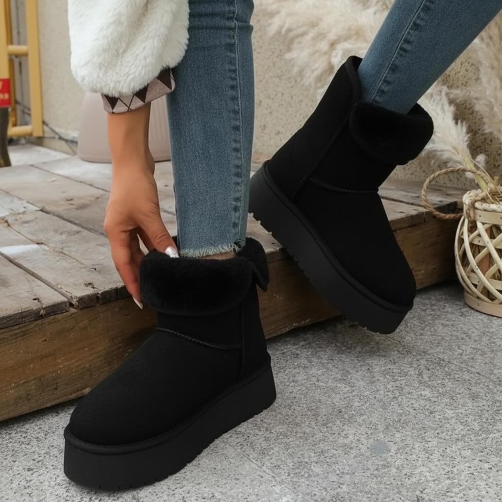 Platform Classic Short Boot Plush Faux Fur Vegan Suede Chunky Lug Winter Shoes
