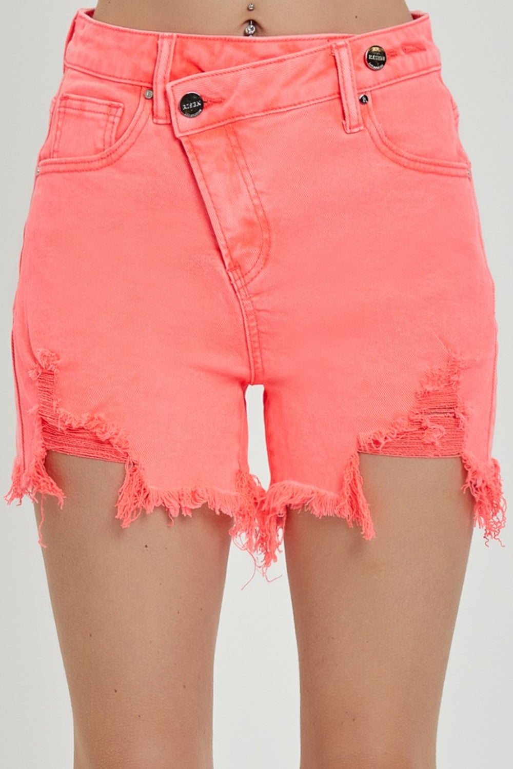 RISEN Asymmetrical Cut-off Mid-Rise Distressed Pink Denim Frayed Jean Shorts