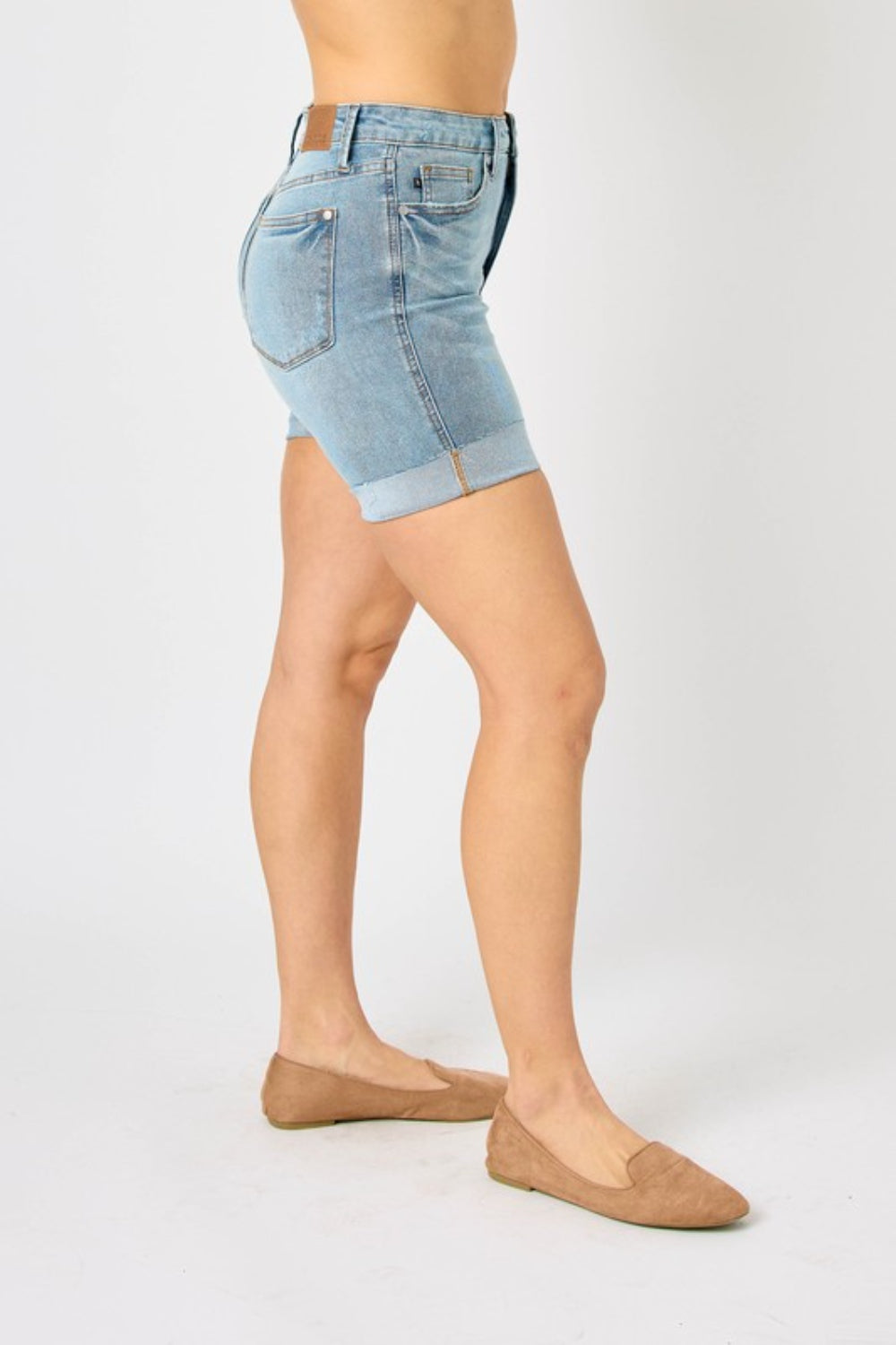High Rise Tummy Control Boyfriend Denim Shorts Cuffed Slim Leg Jean Judy Blue