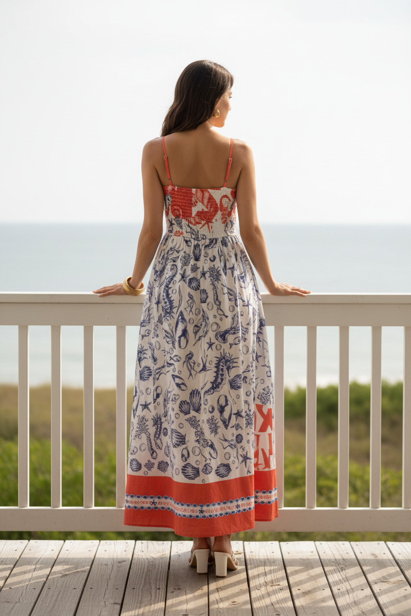 Riviera Island Scoop Neck Spaghetti Strap Smocked Back A-line Boho Cami Maxi Dress
