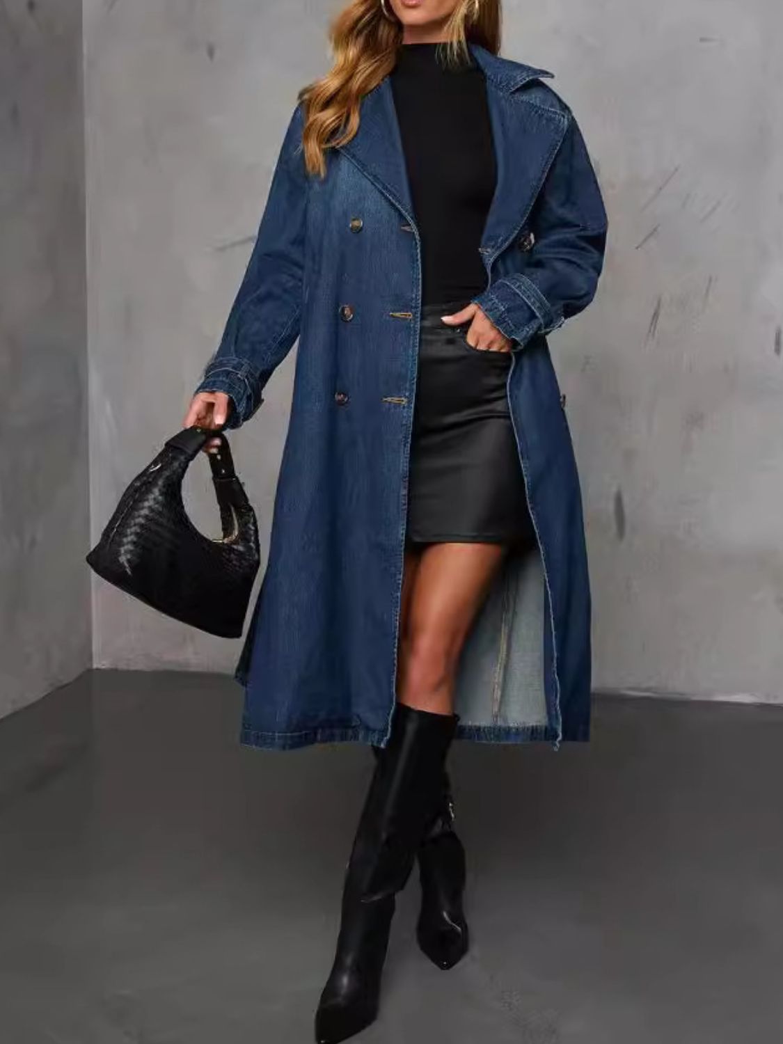 Denim Trench Coat Double Breasted Button-Up Collared Longline Belt Jean Jacket