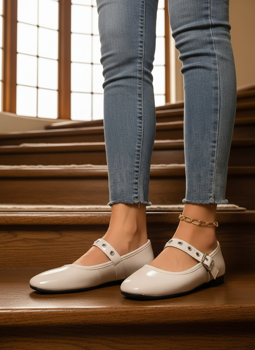 Mary Jane Loafers Glossy Vegan Patent Leather Round Toe Ballet Flats Buckle Shoes