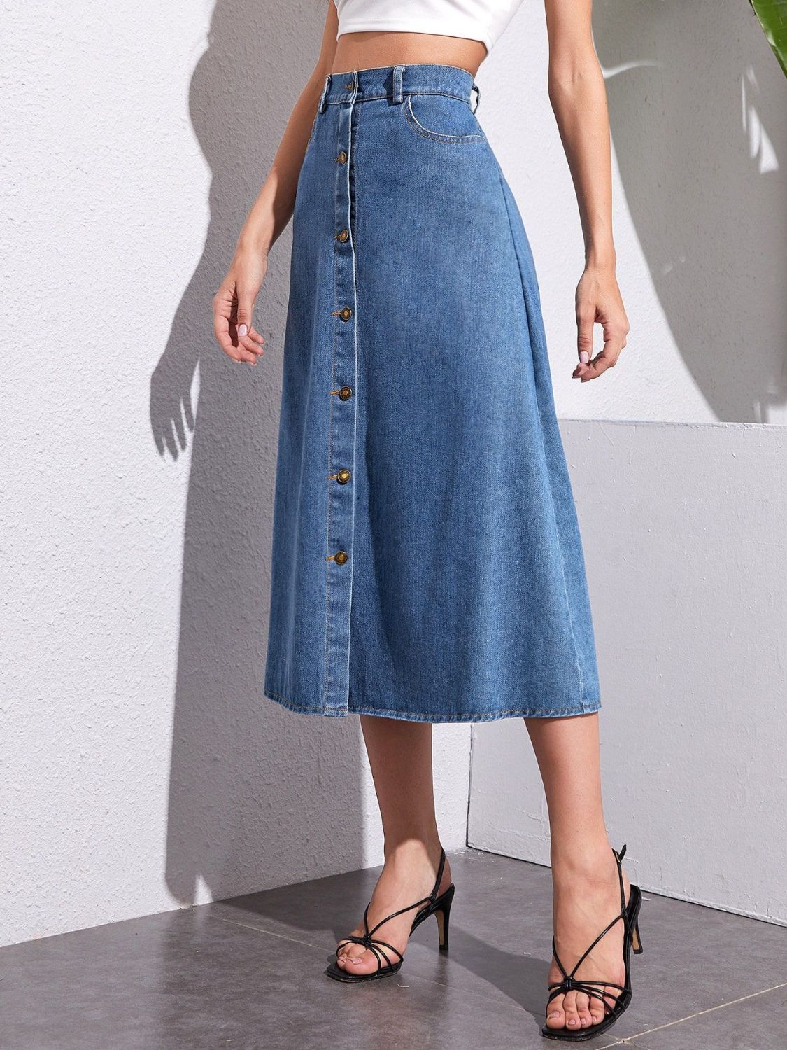 Button Front High-Rise Midi Retro Flare A-line Poque Blue Jean Denim Skirt Pockets