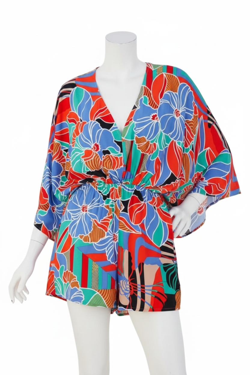 Kimono Sleeve Elastic Waist Open Tie Back One-Piece Short Romper