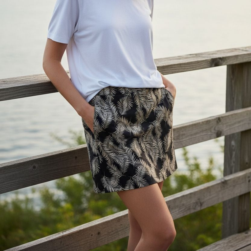 Ellen Tracy Skort Linen Blend Skirt Shorts Tropical Palm Elastic Waist Pull-on