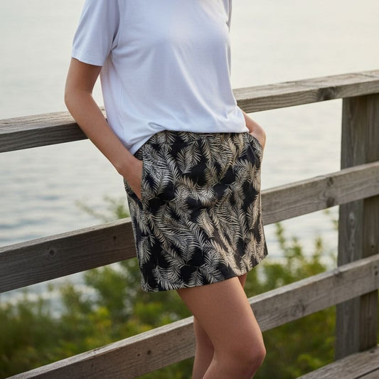 Ellen Tracy Skort Linen Blend Skirt Shorts Tropical Palm Elastic Waist Pull-on