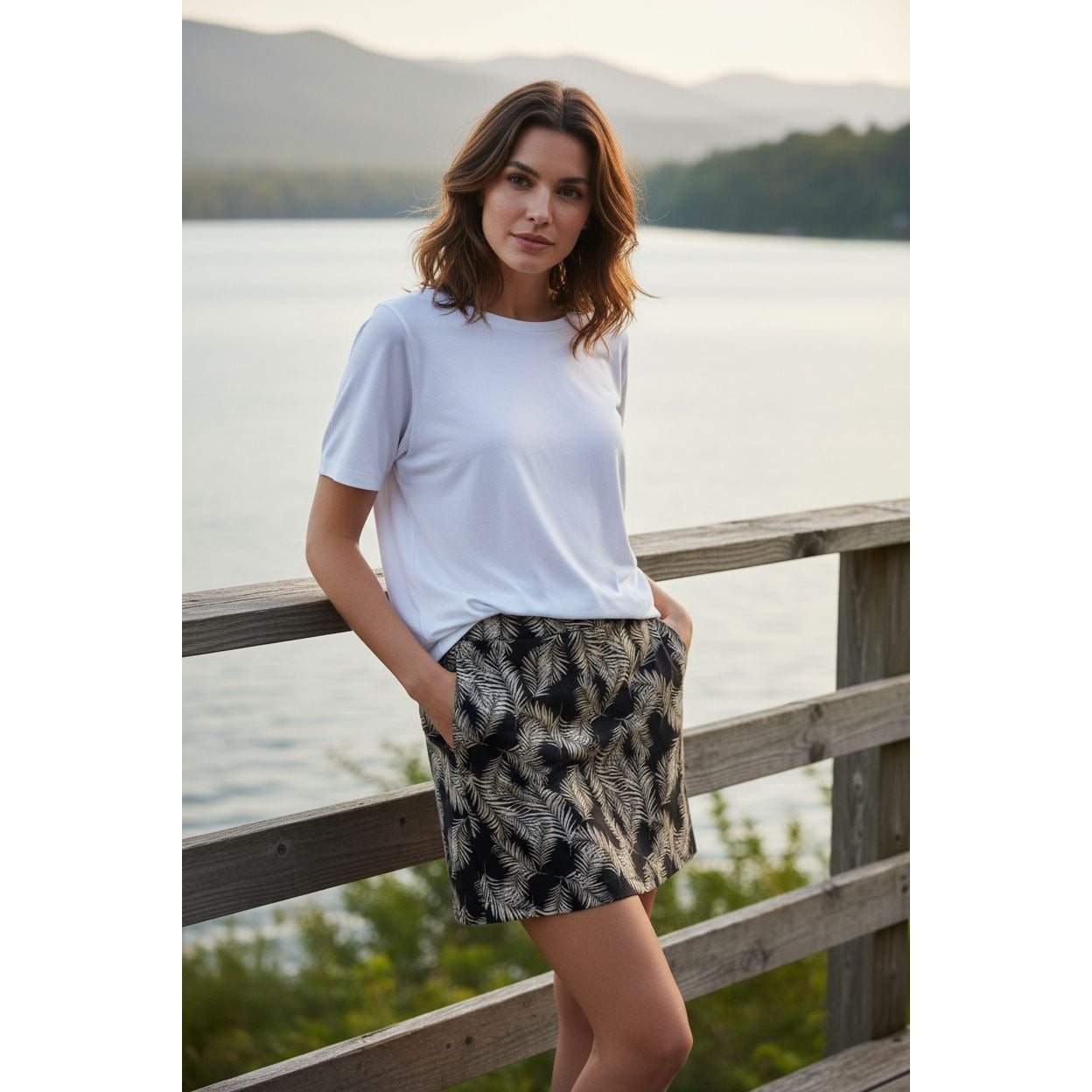 Ellen Tracy Skort Linen Blend Skirt Shorts Tropical Palm Elastic Waist Pull-on