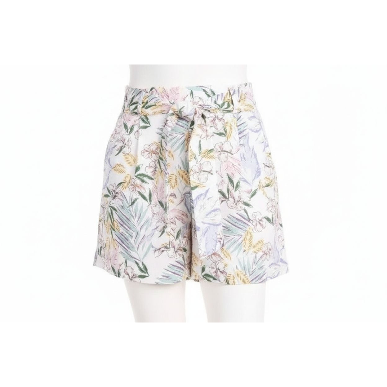 Dalia Linen Blend Tropical Palm Elastic High Waist Belted Tie Shorts Breathable