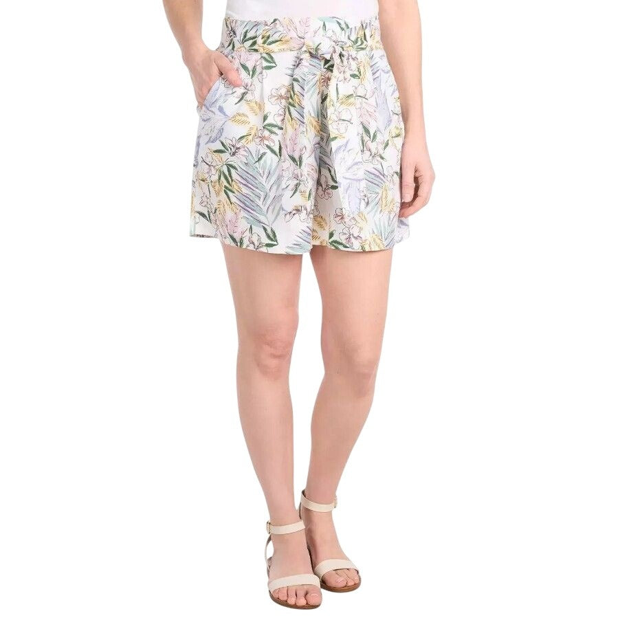 Dalia Linen Blend Tropical Palm Elastic High Waist Belted Tie Shorts Breathable