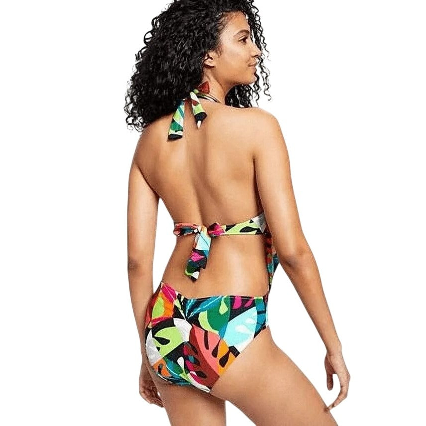 Bar III Womens Tropical Dreams Cowl Neck Plunge Halter One-piece Swimwear