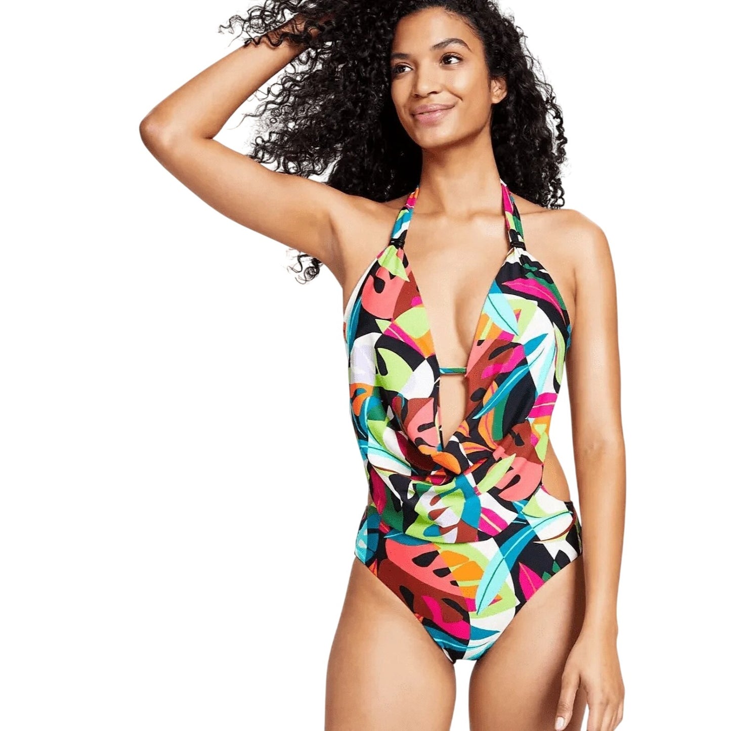 Bar III Womens Tropical Dreams Cowl Neck Plunge Halter One-piece Swimwear
