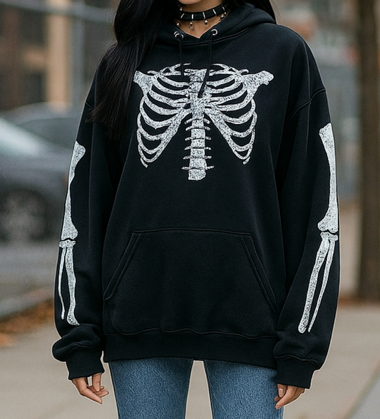 Skeleton Print Oversized Hoodie Pullover Sweatshirt Kangaroo Pocket Sweater Shirt