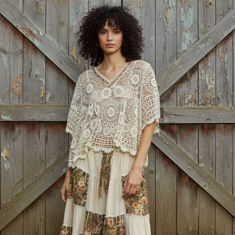 POL Beaded Contrasting V-Neck Top Openwork Granny Crochet Scalloped Hem Blouse Natural Cream