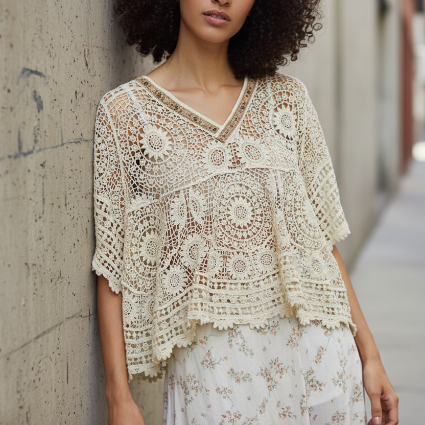 POL Beaded Contrasting V-Neck Top Openwork Granny Crochet Scalloped Hem Blouse Natural Cream
