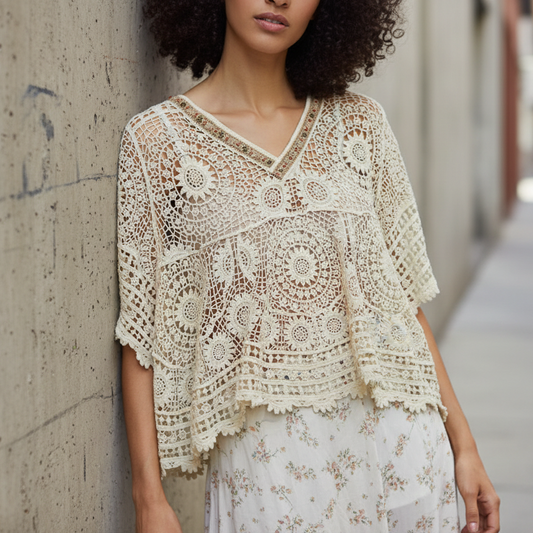 POL Beaded Contrasting V-Neck Top Openwork Granny Crochet Scalloped Hem Blouse Natural Cream