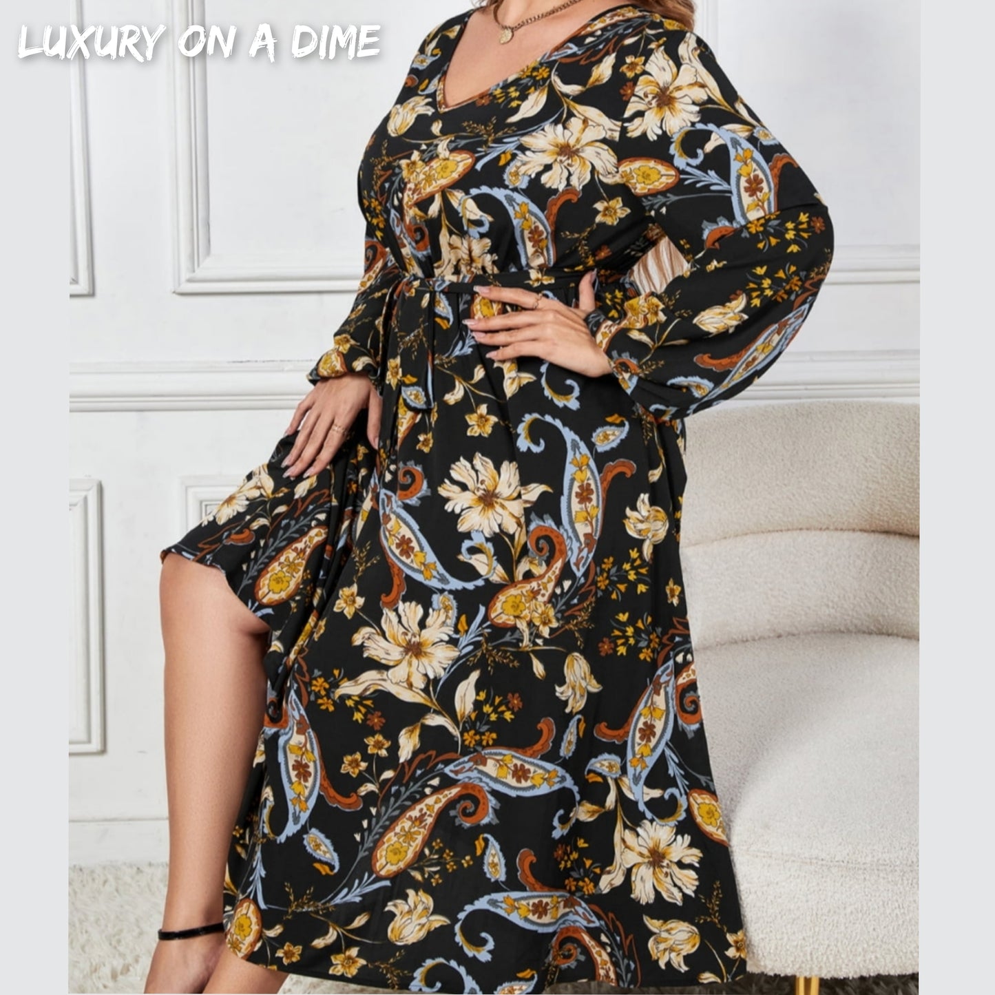 Paisley Floral Retro Print Tie Belt Balloon Sleeve Modest Midi Dress (Plus Size Only)