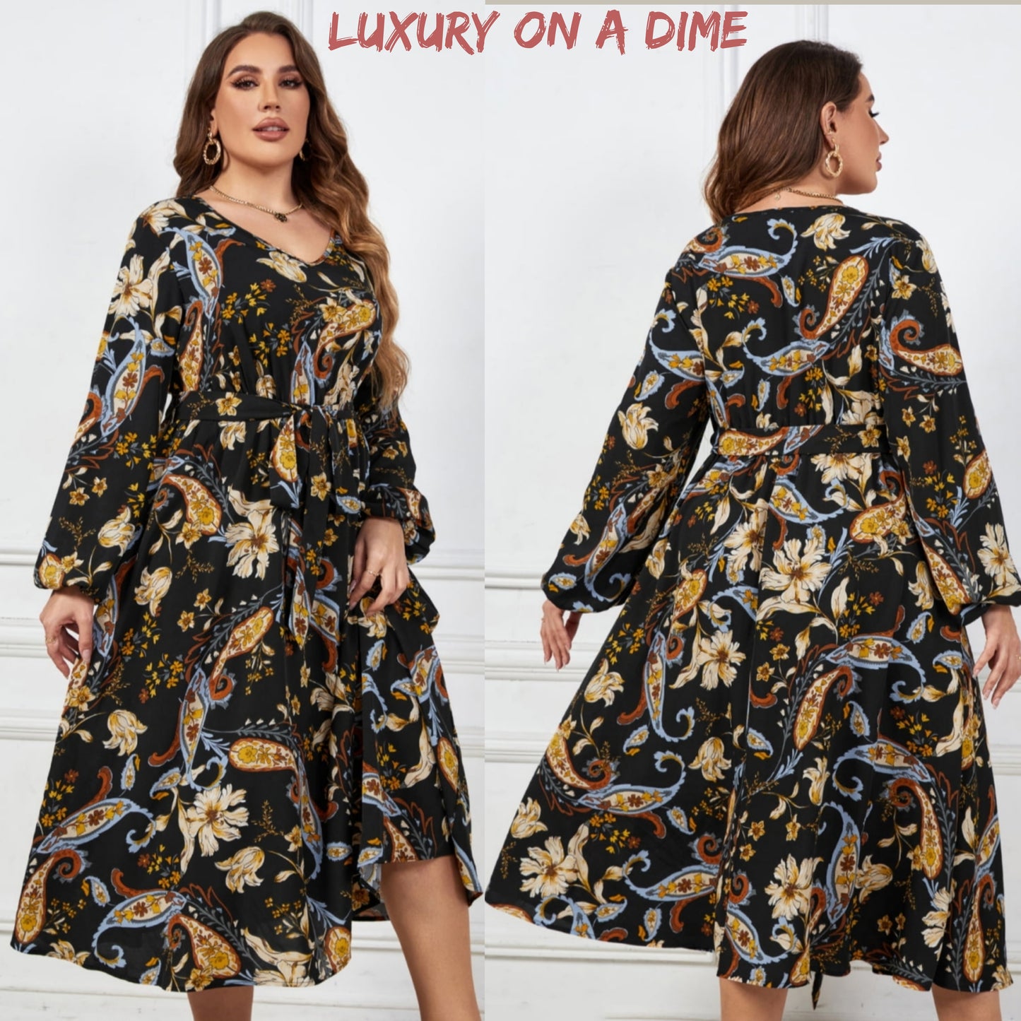 Paisley Floral Retro Print Tie Belt Balloon Sleeve Modest Midi Dress (Plus Size Only)