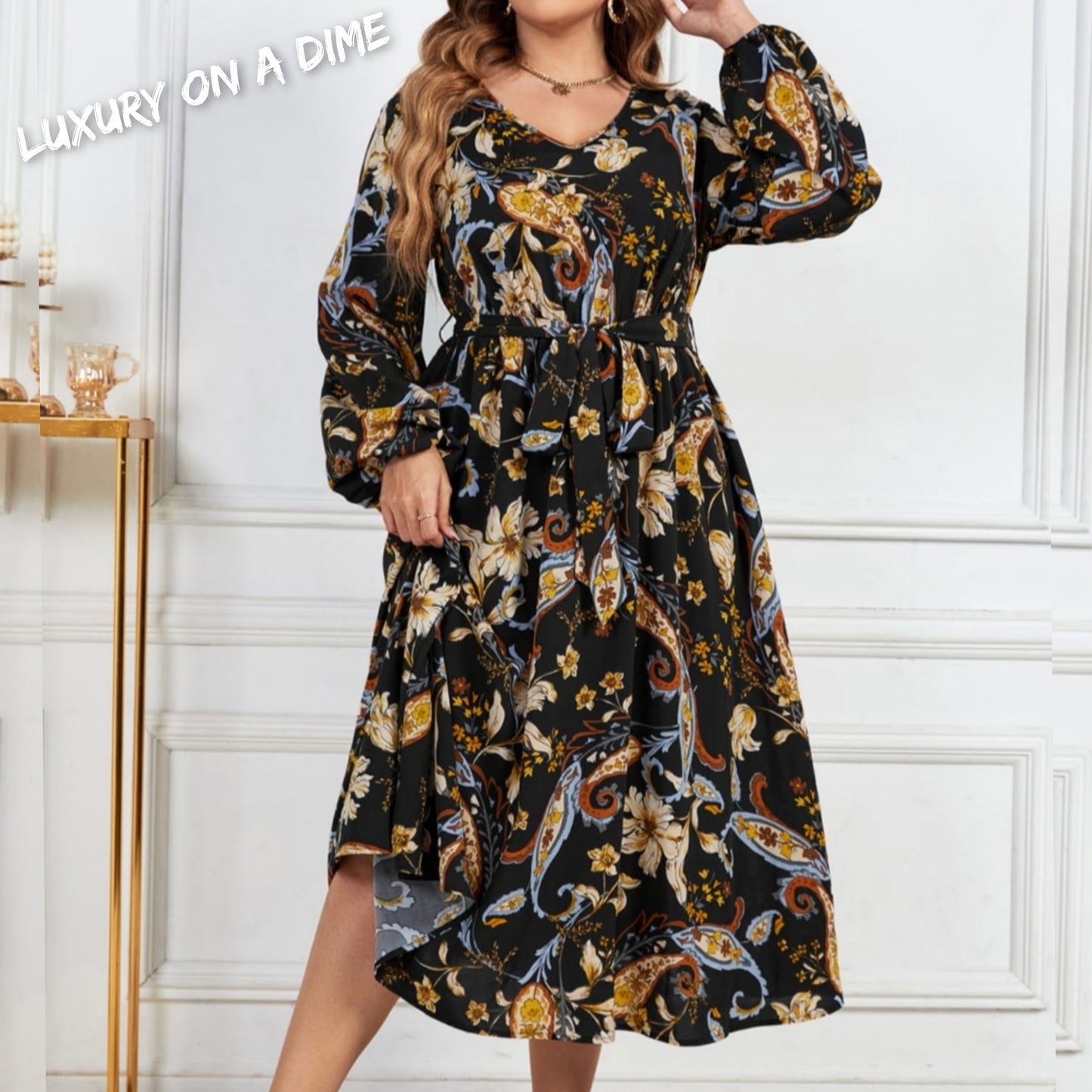 Paisley Floral Retro Print Tie Belt Balloon Sleeve Modest Midi Dress (Plus Size Only)