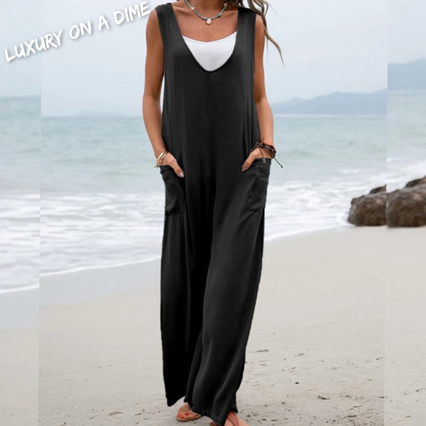 Oversized Sleeveless patch pocket fashion jumpsuit V-neck overalls wide-leg trousers