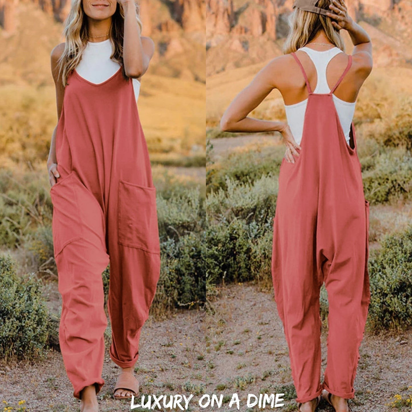 Oversized Hippie V-Neck Sleeveless Wide Leg Pant Pocket Jumpsuit Bohemian Outfit