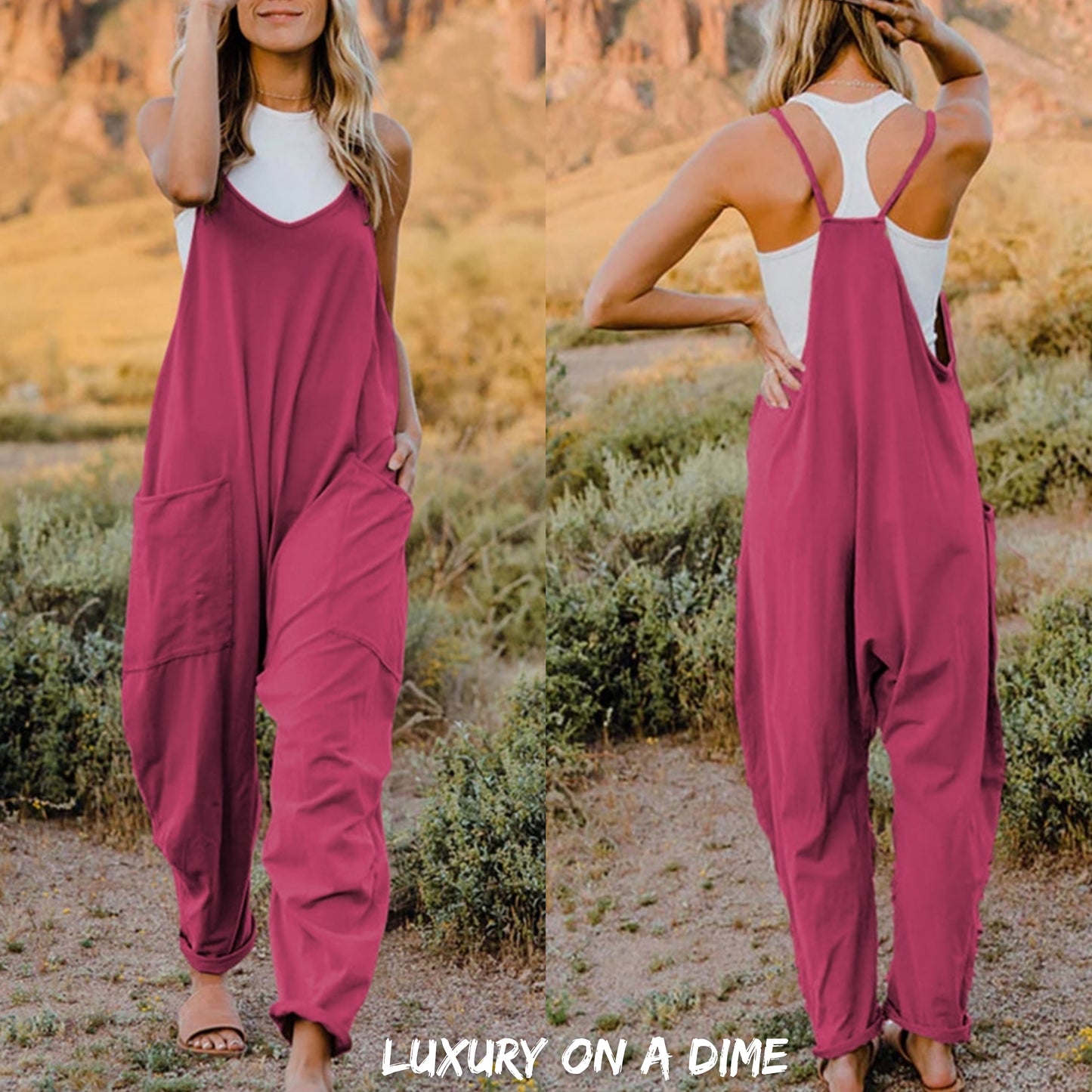 Oversized Hippie V-Neck Sleeveless Wide Leg Pant Pocket Jumpsuit Bohemian Outfit