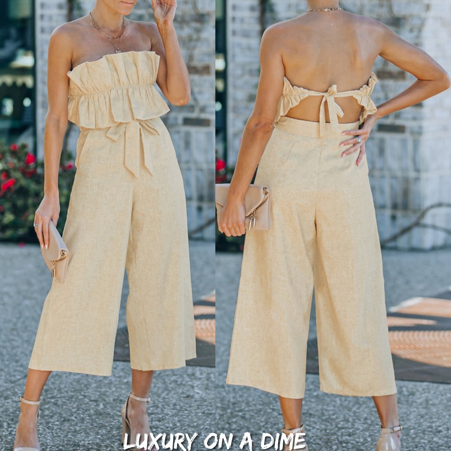 Ruffled 100% Cotton Strapless Wide Leg Tie Back One-piece Jumpsuit