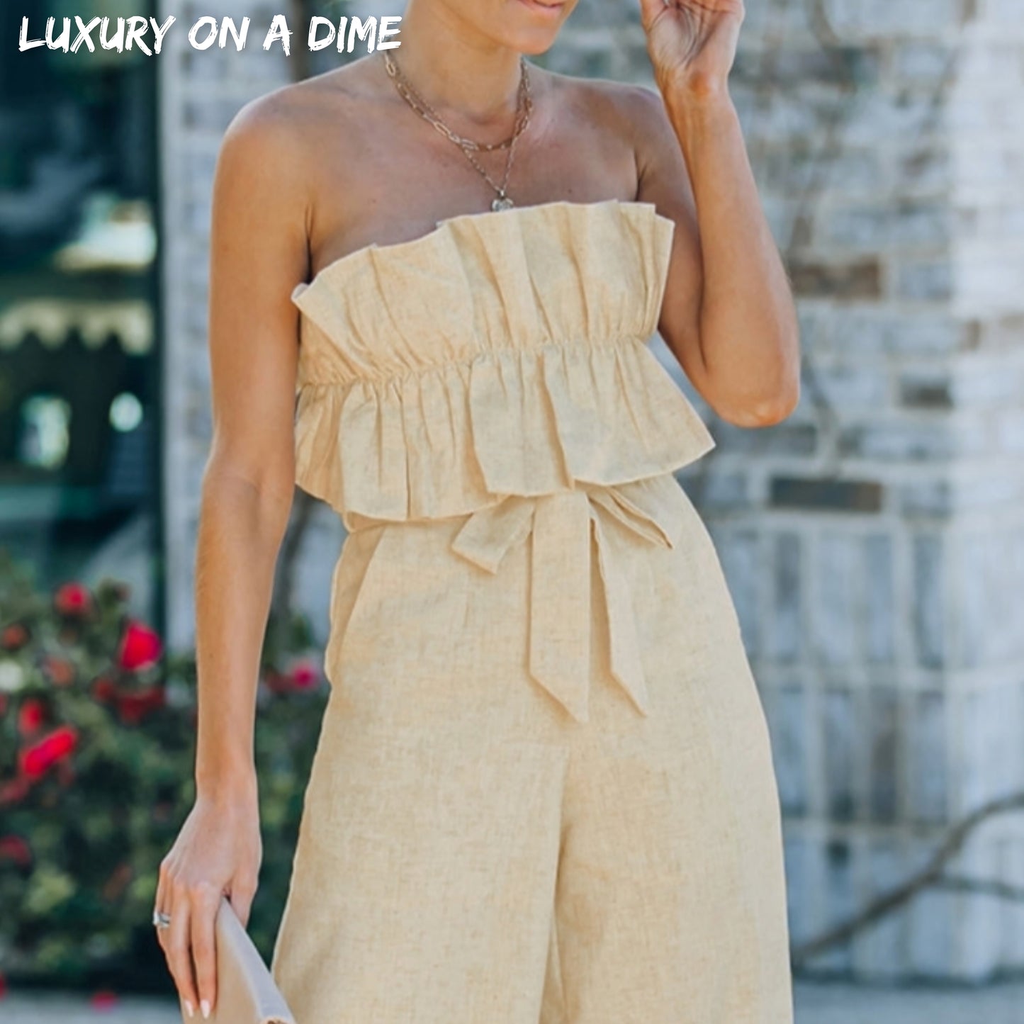 Ruffled 100% Cotton Strapless Wide Leg Tie Back One-piece Jumpsuit