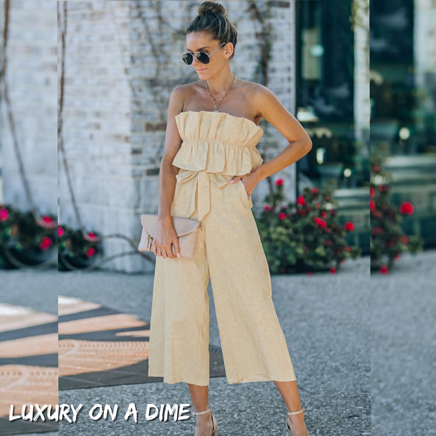 Ruffled 100% Cotton Strapless Wide Leg Tie Back One-piece Jumpsuit