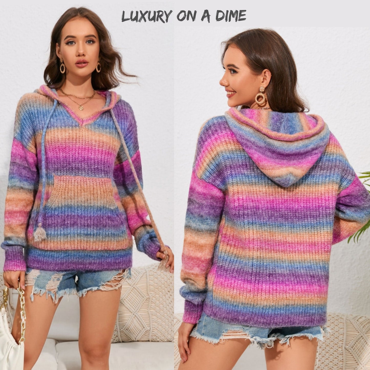 Bright Wool Blend Knit Colorful Stripe Hoodie Kangaroo Pocket Sweater Shirt
