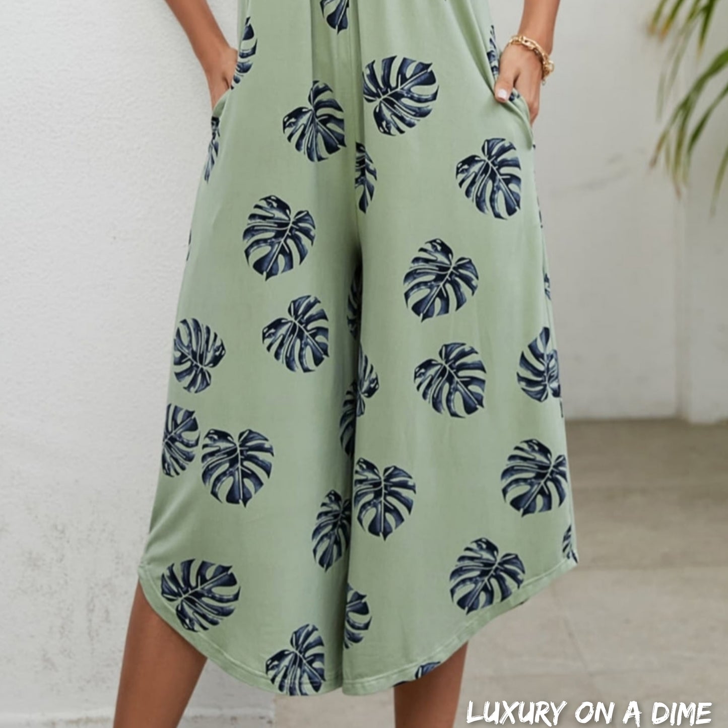 Botanical Palm Sleeveless Bohemian Capri Wide Leg Oversized Pant Pocket Jumpsuit