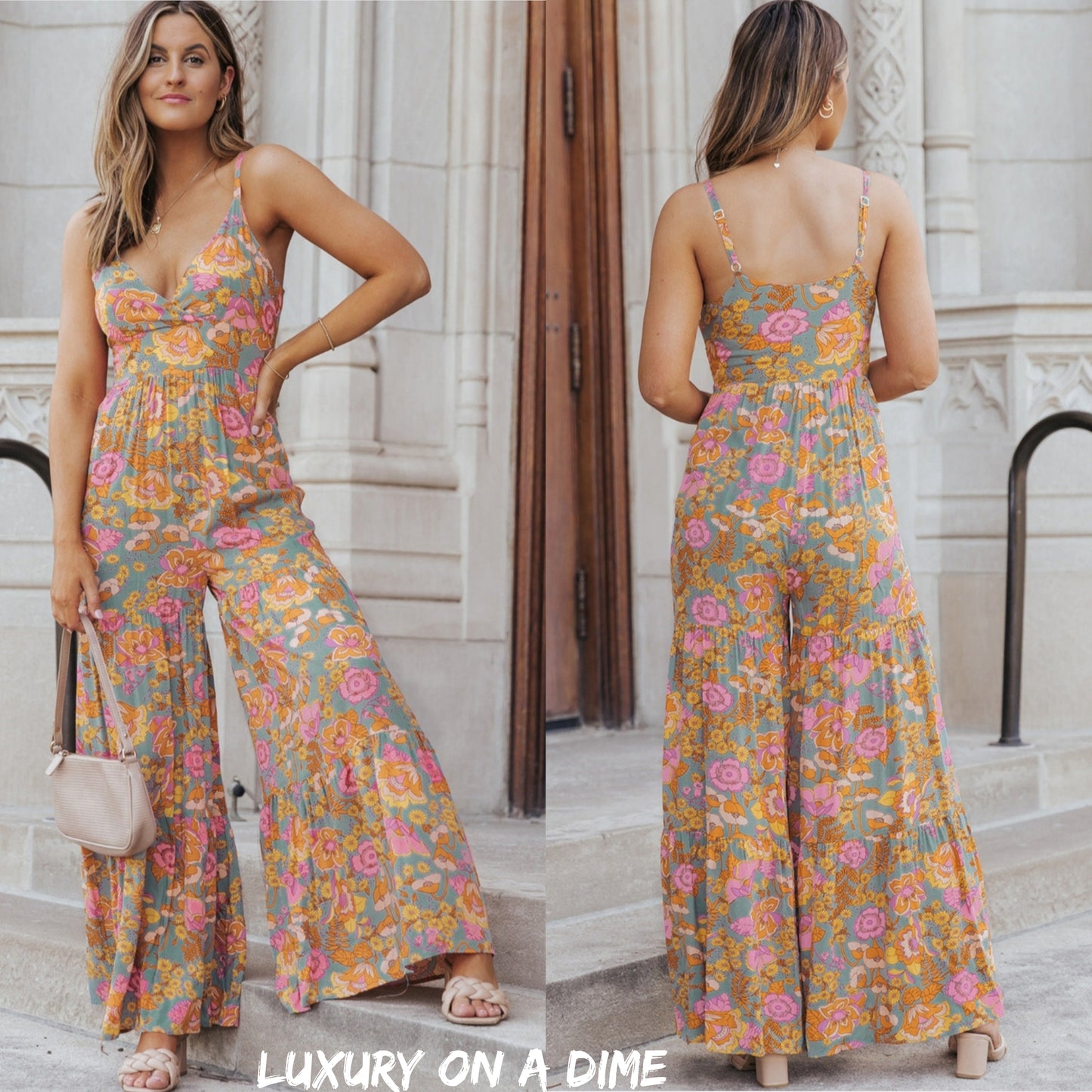 Retro 70s Floral Sleeveless V-Neck Tiered Wide Leg One Piece Pant Jumpsuit