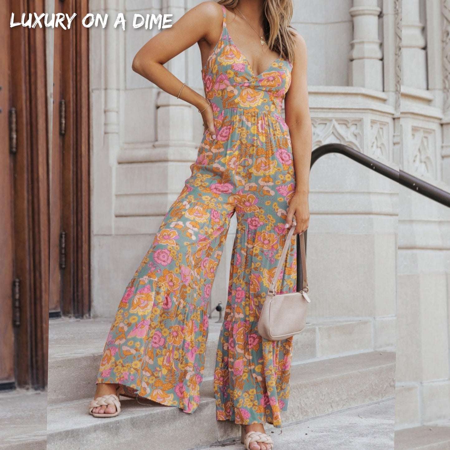 Retro 70s Floral Sleeveless V-Neck Tiered Wide Leg One Piece Pant Jumpsuit