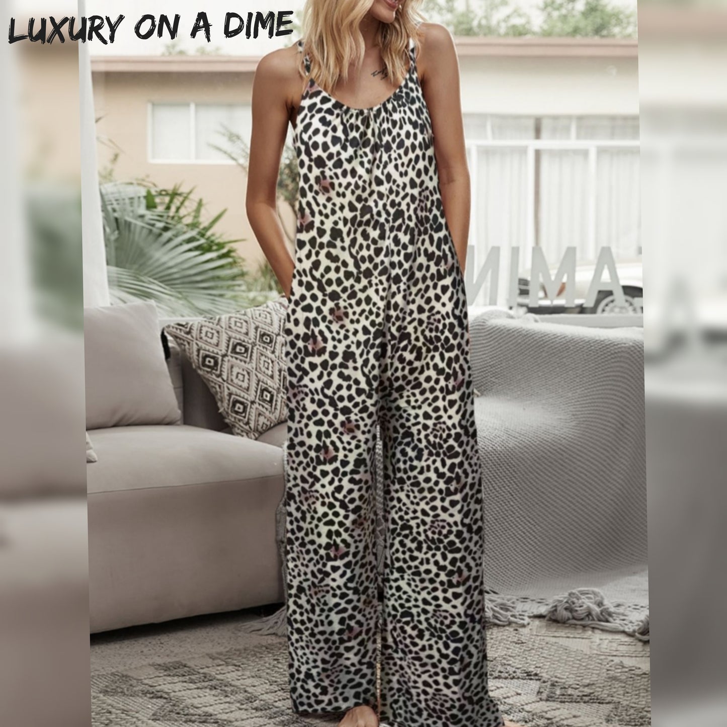 Wide Leg Mix Animal Print Spaghetti Strap One Piece Side Pocket Jumpsuit