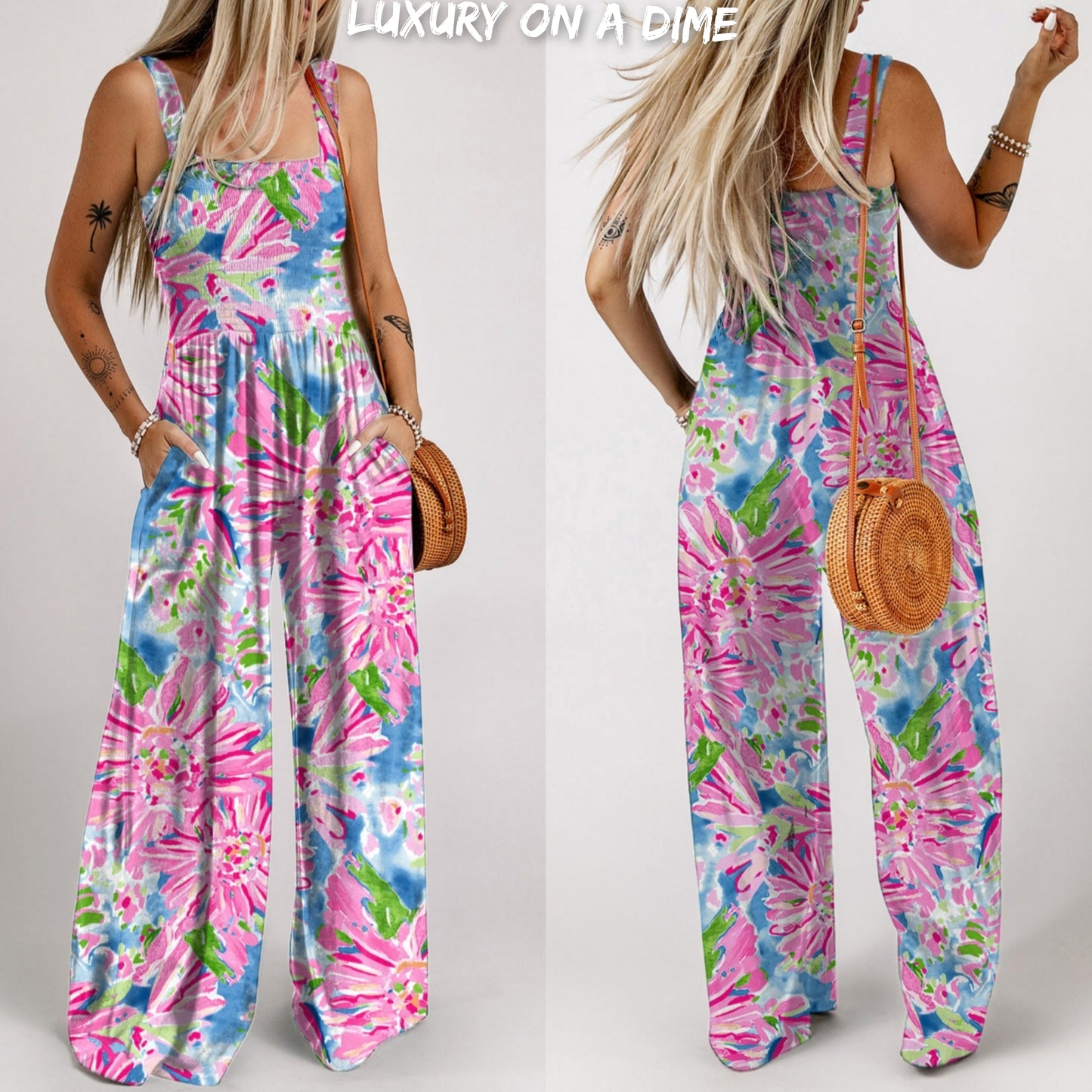 Palm Beach Floral Smock Sleeveless Wide Leg One Piece Pocket Pant Jumpsuit