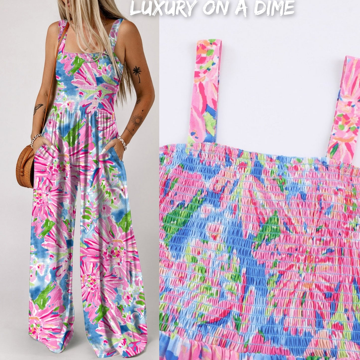 Palm Beach Floral Smock Sleeveless Wide Leg One Piece Pocket Pant Jumpsuit