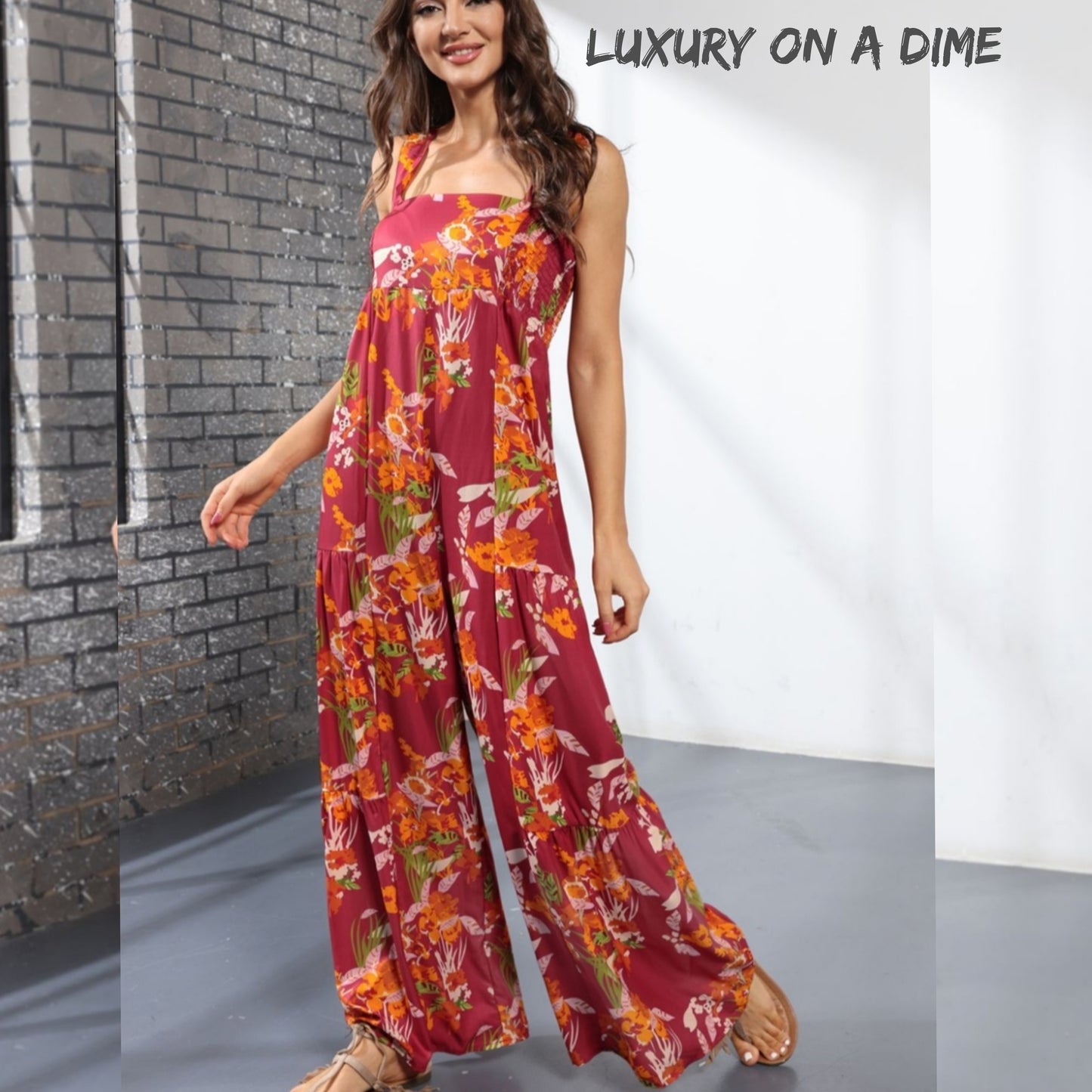 Floral Smock Side Jumpsuit Tiered Oversized Wide Leg One-piece Pant Outfit