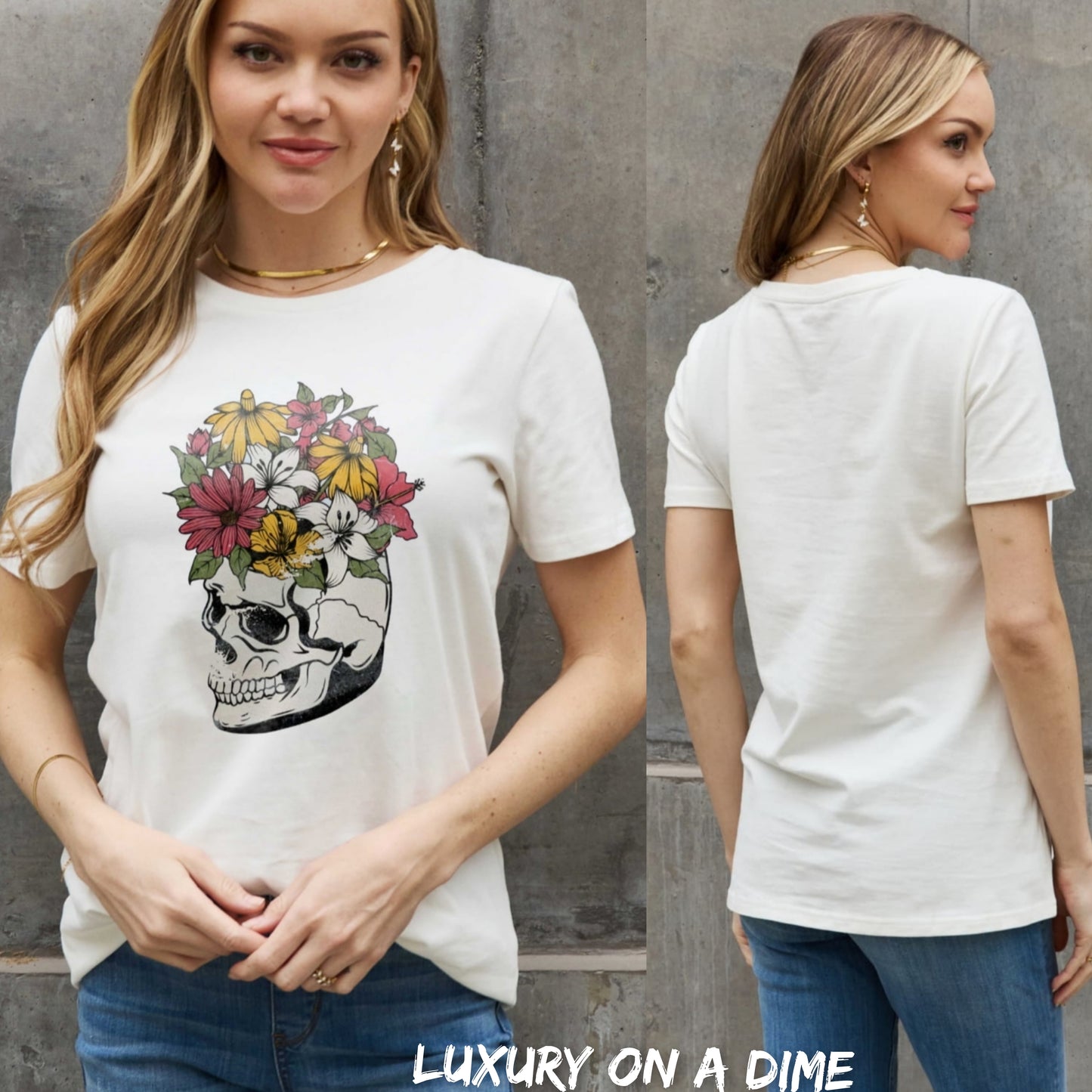 Bright Floral Skull Head Graphic Short-sleeve Tee Shirt 100% Premium Cotton