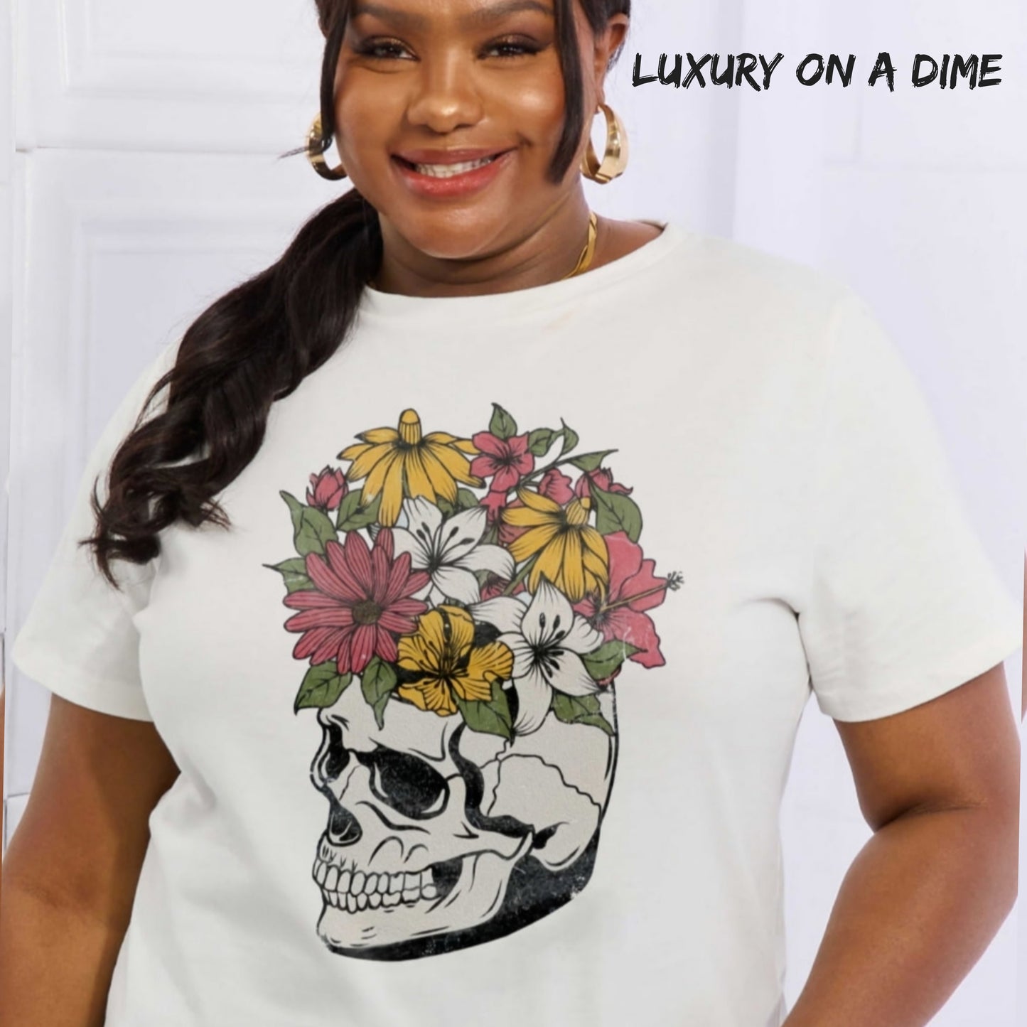 Bright Floral Skull Head Graphic Short-sleeve Tee Shirt 100% Premium Cotton