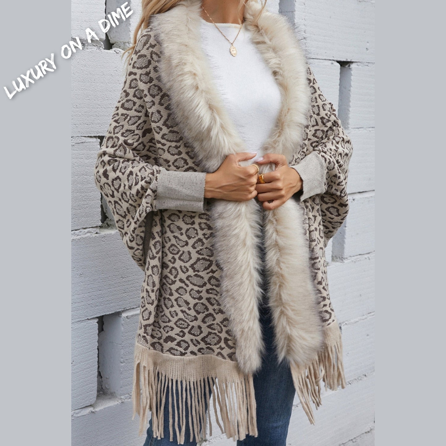 Faux Fur Knit Leopard Print Fringe Bottom Long Sleeve Cardigan Poncho