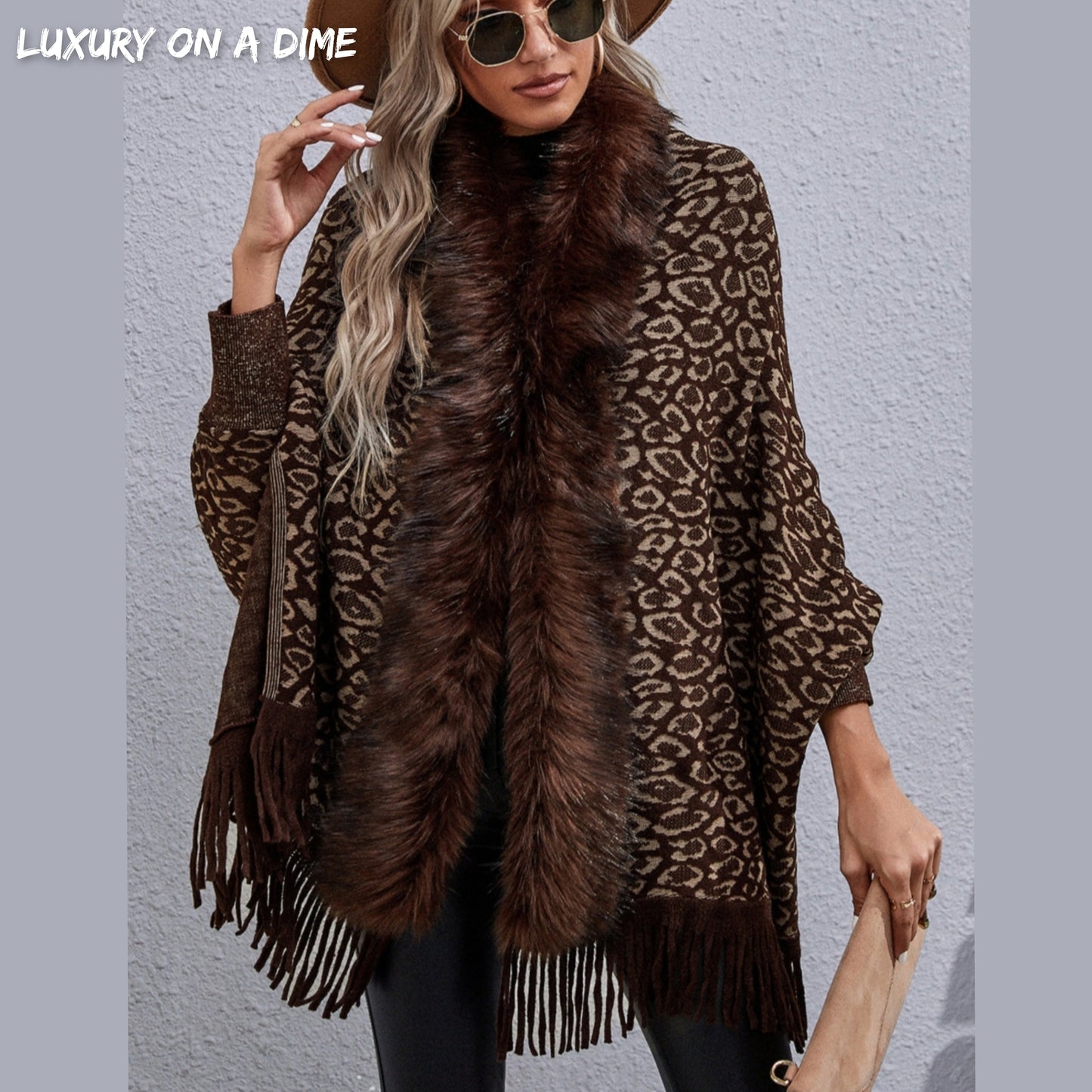 Faux Fur Knit Leopard Print Fringe Bottom Long Sleeve Cardigan Poncho
