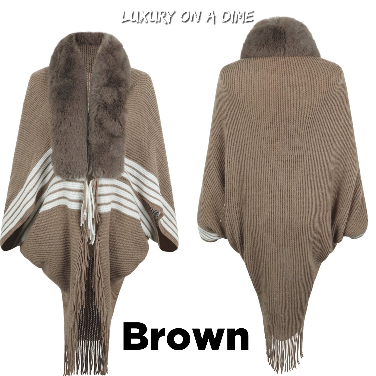 Faux Fur Fringe Hem Oversized Knit Stripe Cardigan Poncho