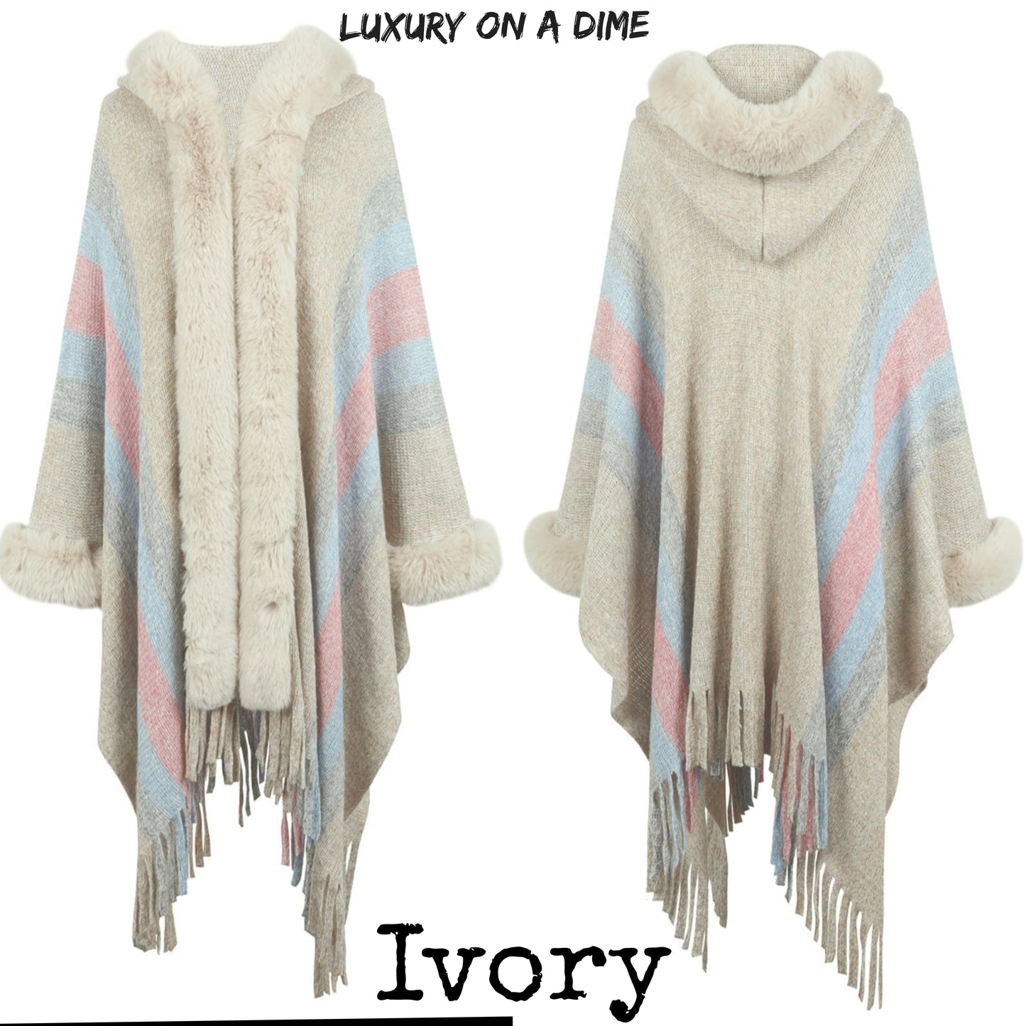 Plush Faux Fur Fringe Hem Retro Oversized Long Knit Hoodie Cardigan Poncho