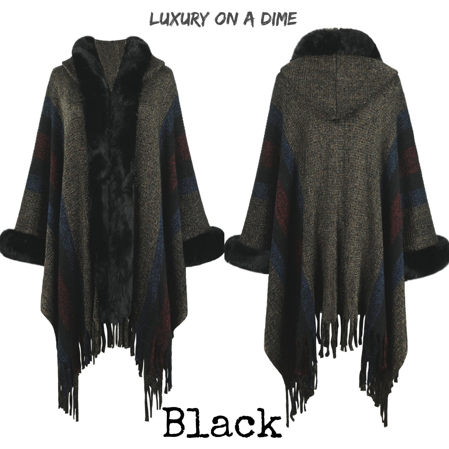 Plush Faux Fur Fringe Hem Retro Oversized Long Knit Hoodie Cardigan Poncho