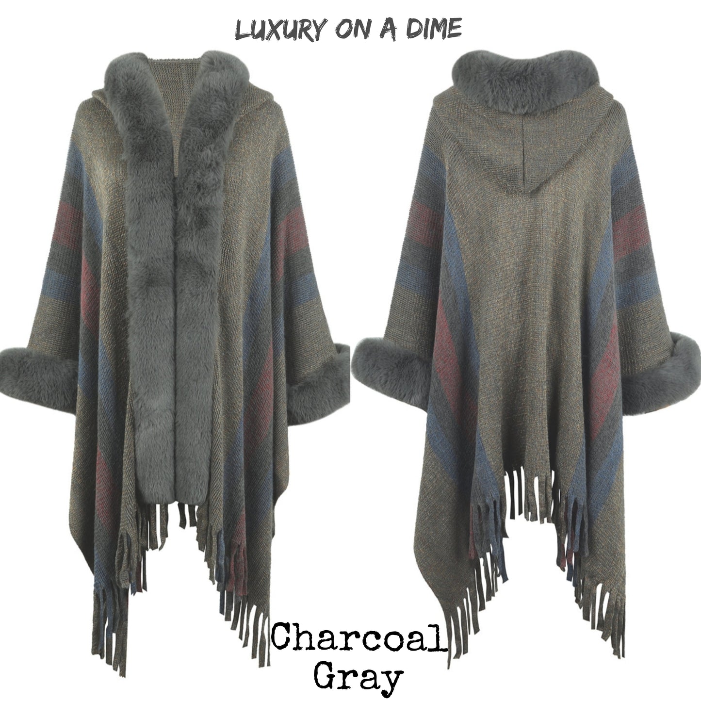 Plush Faux Fur Fringe Hem Retro Oversized Long Knit Hoodie Cardigan Poncho